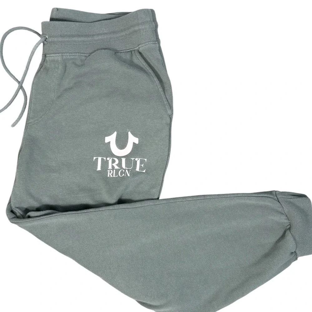 True‎ Religion Joggers Mens Large Green Horseshoe Logo Fleece Sweatpantsr
